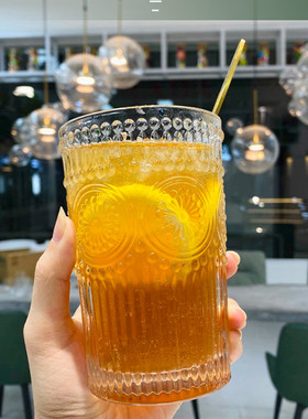 ins北欧风太阳花水杯 复古浮雕金边玻璃杯圆形冷热饮奶茶店餐饮杯