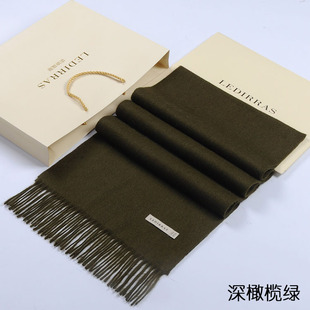 韩版秋冬季男士羊绒围巾100%羊毛纯色围巾女百搭保暖披肩深橄榄绿