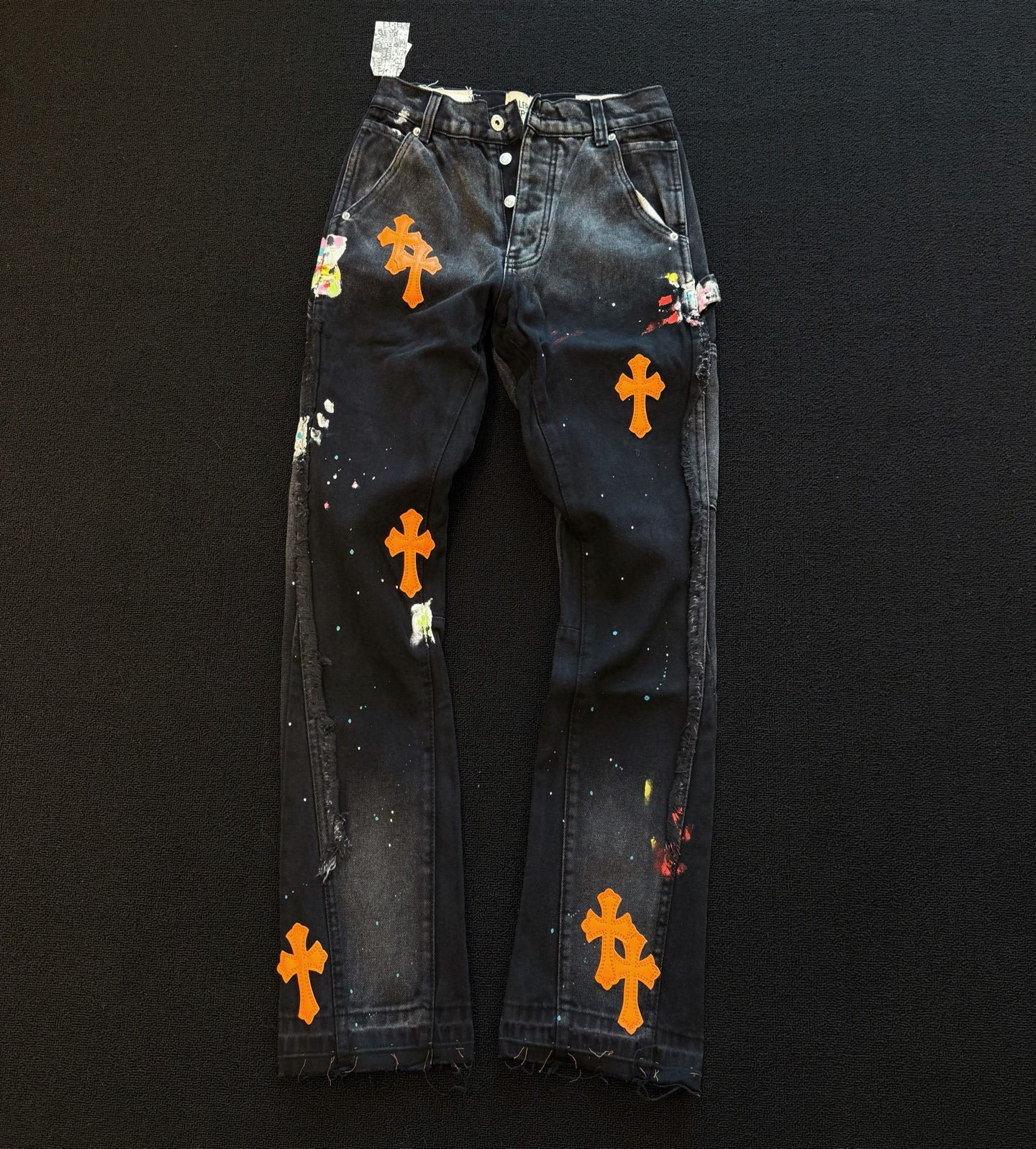 25潮牌宽松拼接十字架微喇牛仔裤做旧水洗美式涂鸦工装裤男女同款
