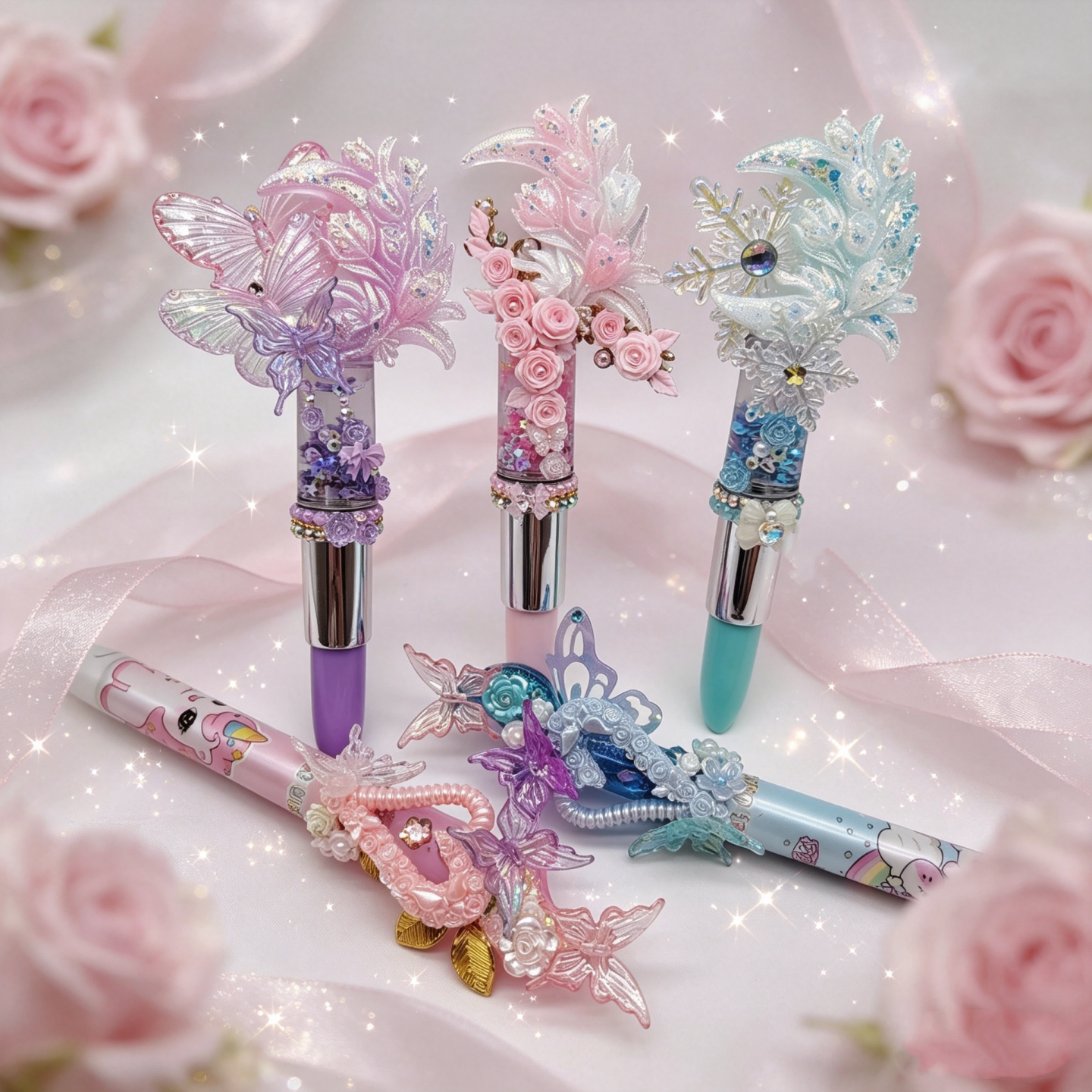 月亮繁花蝴蝶魔法杖流沙水笔小学生墨囊钢笔女孩永恒铅笔礼盒包装