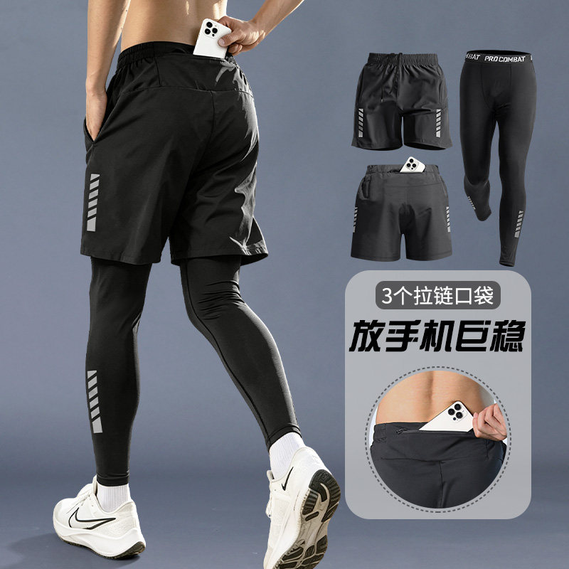 运动短裤套装男带手机袋快速干爽骑行高弹训练裤跑步紧身压缩长裤图片