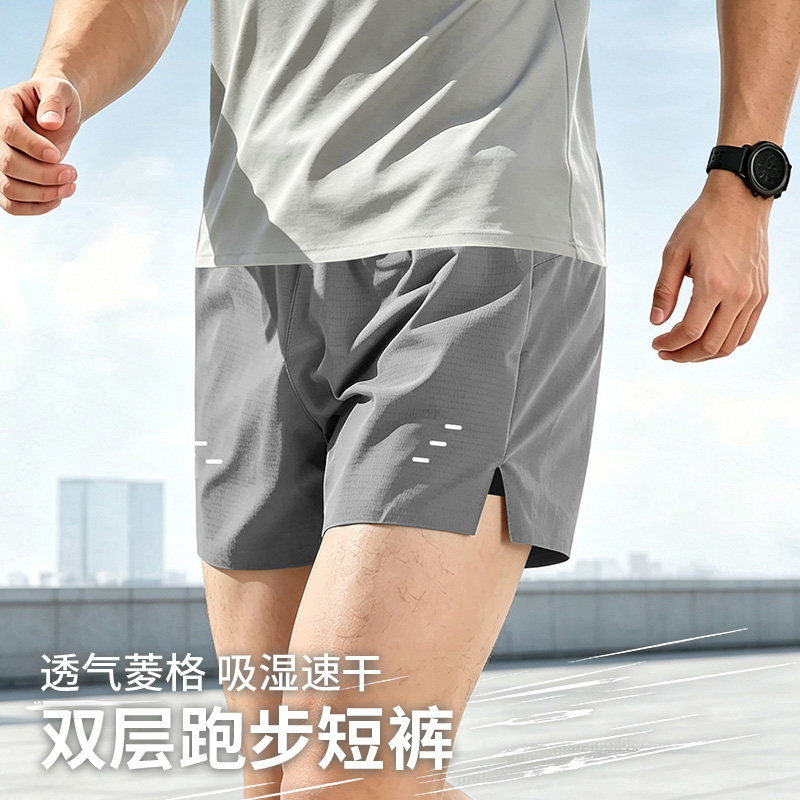 跑步短裤男运动速干假两件双层带内衬夏季健身马拉松二合一三分裤图片
