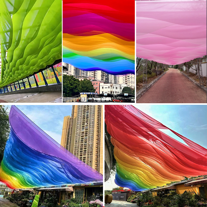 网红彩色风动纱幔波浪吊顶挂布户外遮阳餐厅民宿景区海边布幔装饰