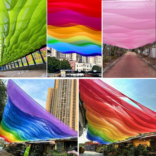 网红彩色风动纱幔波浪吊顶挂布户外遮阳餐厅民宿景区海边布幔装饰
