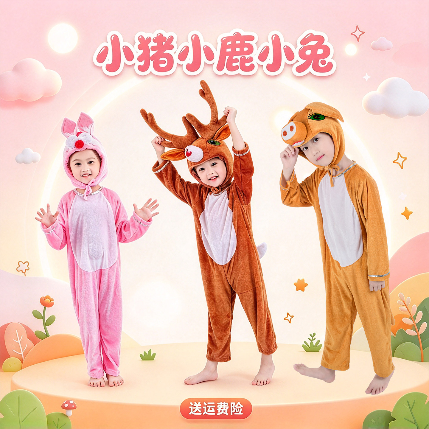 万圣节孔雀梅花鹿长颈鹿麋鹿小猪兔子儿童动物演出服装猎人表演衣