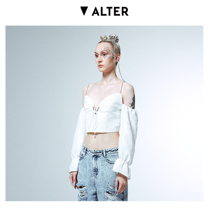 【rolling acid 设计师品牌】 鳄鱼的眼泪性感白色泡泡袖吊带上衣