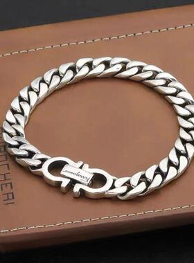 镀925银欧美时尚字母手链嘻哈潮流编织马鞭链做旧情侣款