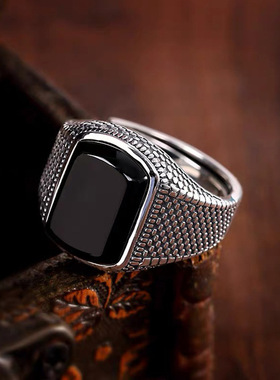 镀925银新品新款复古做旧黑石头