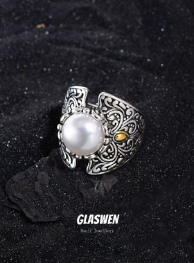 冷淡风浮雕唐草纹盾牌大号戒指女