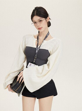 cchun纯子  海妖风设计感迷人直角肩撞色温柔显瘦针织打底上衣