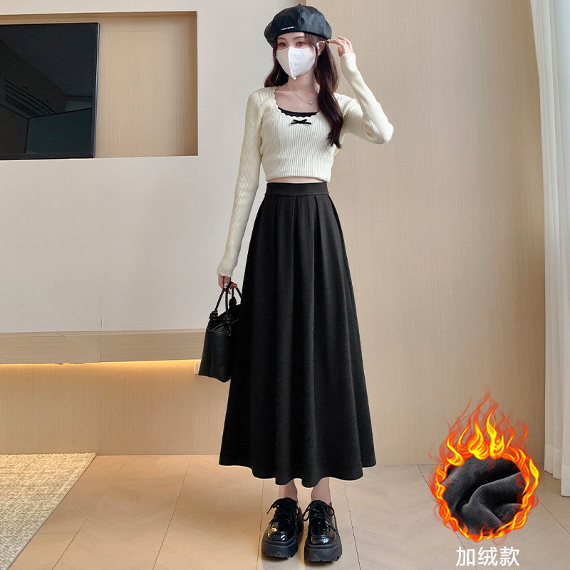 thumbnail for Coffee-colored woolen midi skirt for women, autumn/winter 2026 new high-waisted mid-length A-line skirt, petite pleated skirt, umbrella skirt