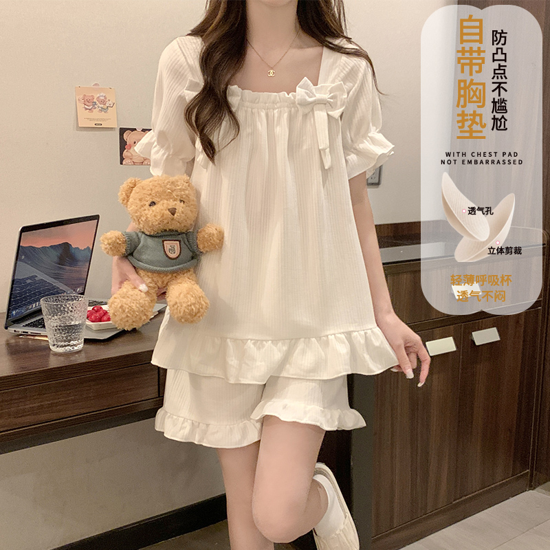 带胸垫睡衣女夏季短袖纯棉薄款