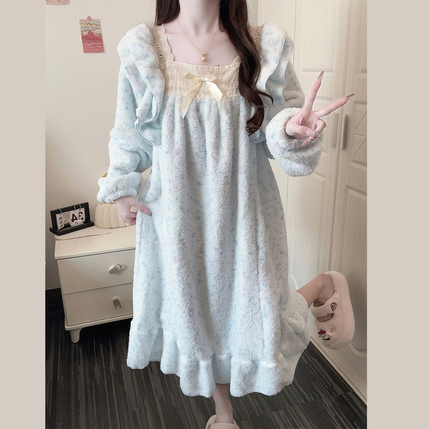 珊瑚绒睡裙女秋冬季甜美公主风