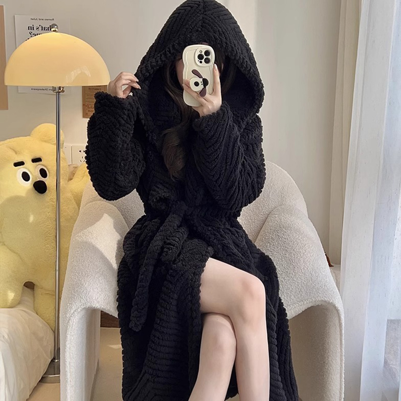 连帽睡袍女冬季长款加厚珊瑚绒浴衣浴袍2025新款黑色晨袍睡衣裙子