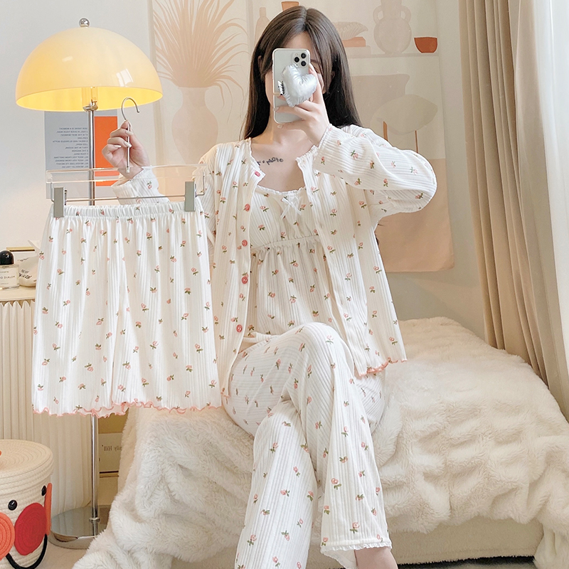 睡衣女网红风甜美碎花四件套装