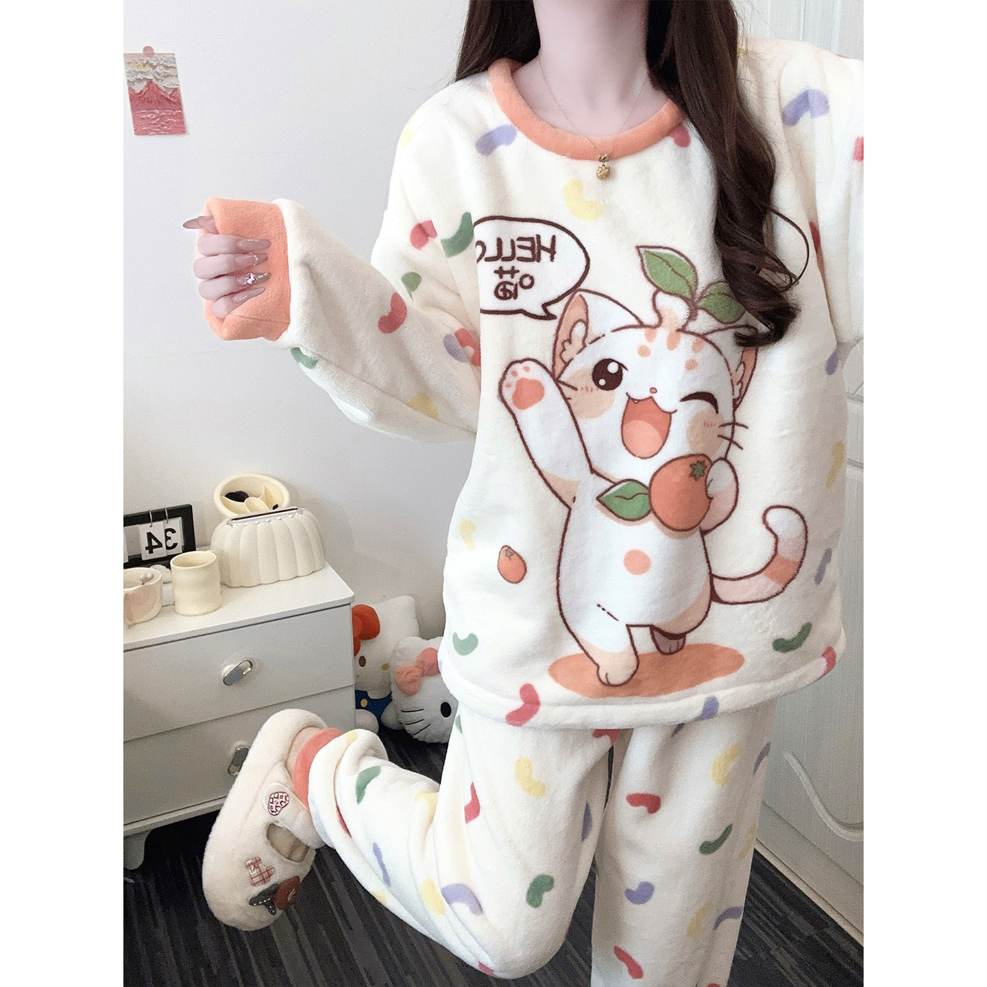 珊瑚绒可爱风小猫家居服