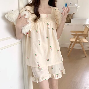 短裤 网红家居服春秋款 套装 女士薄款 夏季 睡衣女夏天甜美梭织棉短袖
