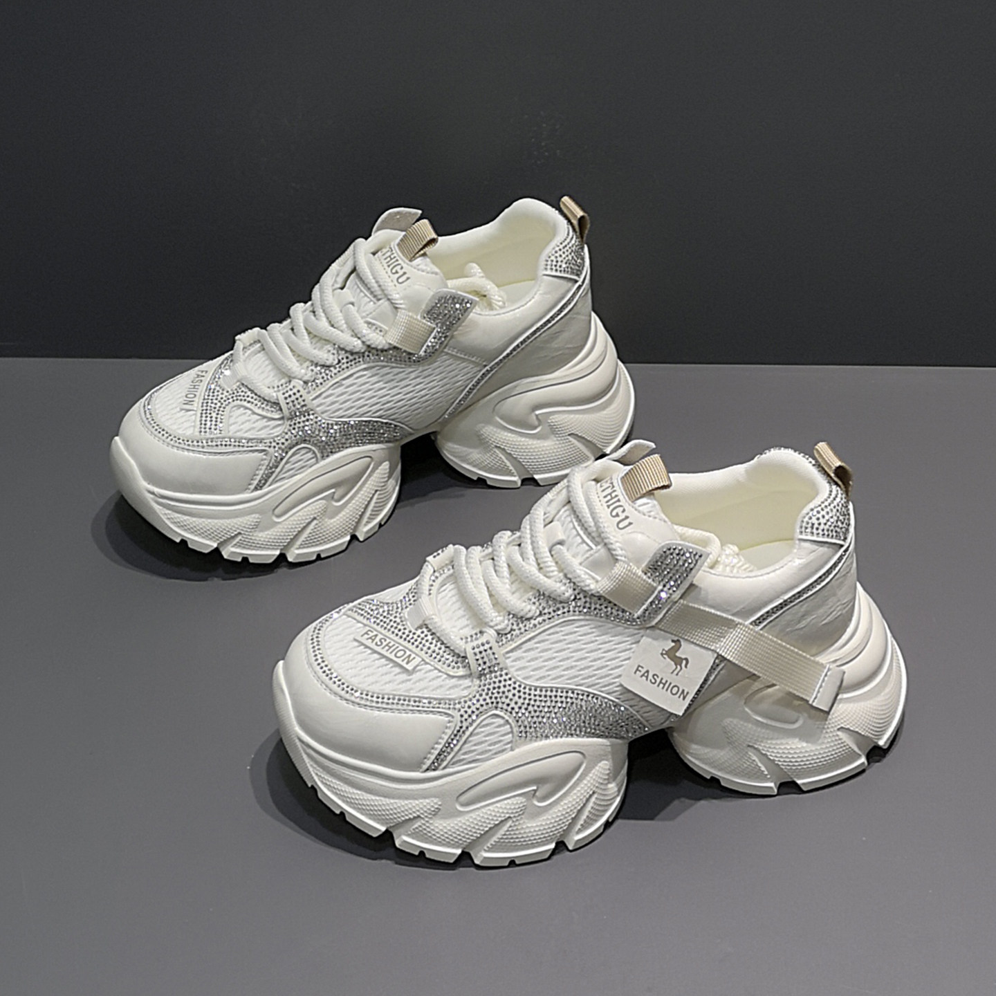 2026春季新款厚底增高水钻老爹鞋女休闲百搭透气圆头旅游运动鞋,女鞋,时尚休闲鞋,淘宝优惠券,粉丝福利购,淘宝优惠卷