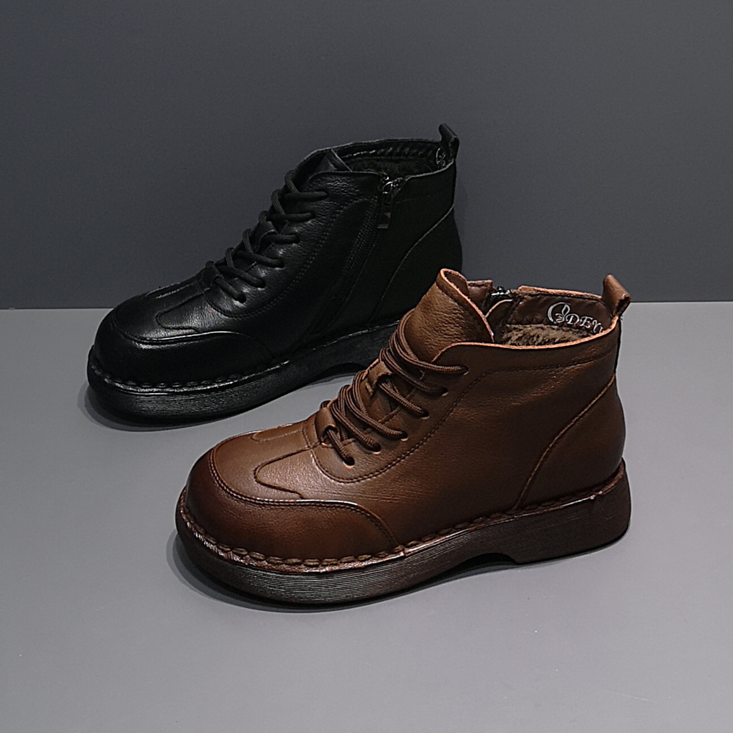 2025冬季新款头层牛皮长毛绒保暖马丁靴女短靴系带侧拉链妈妈靴,女鞋,马丁靴,淘宝优惠券,粉丝福利购,淘宝优惠卷