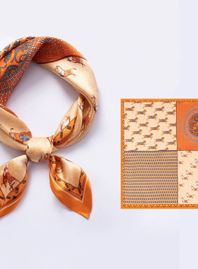 法国小马图腾橙色真丝围巾多用小方巾领巾档送礼妈妈丝巾女