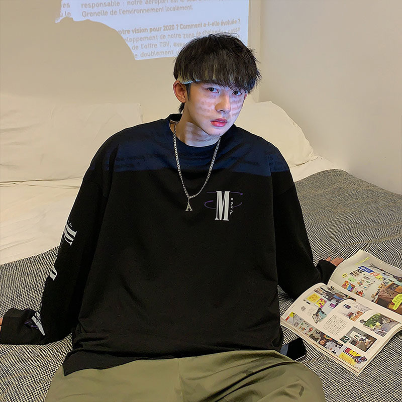 스포츠 문자 긴팔 티셔츠 남성 가을 겨울 홍콩 패션 브랜드 INS 탑 의류 2024 새로운 느슨한 바닥 셔츠