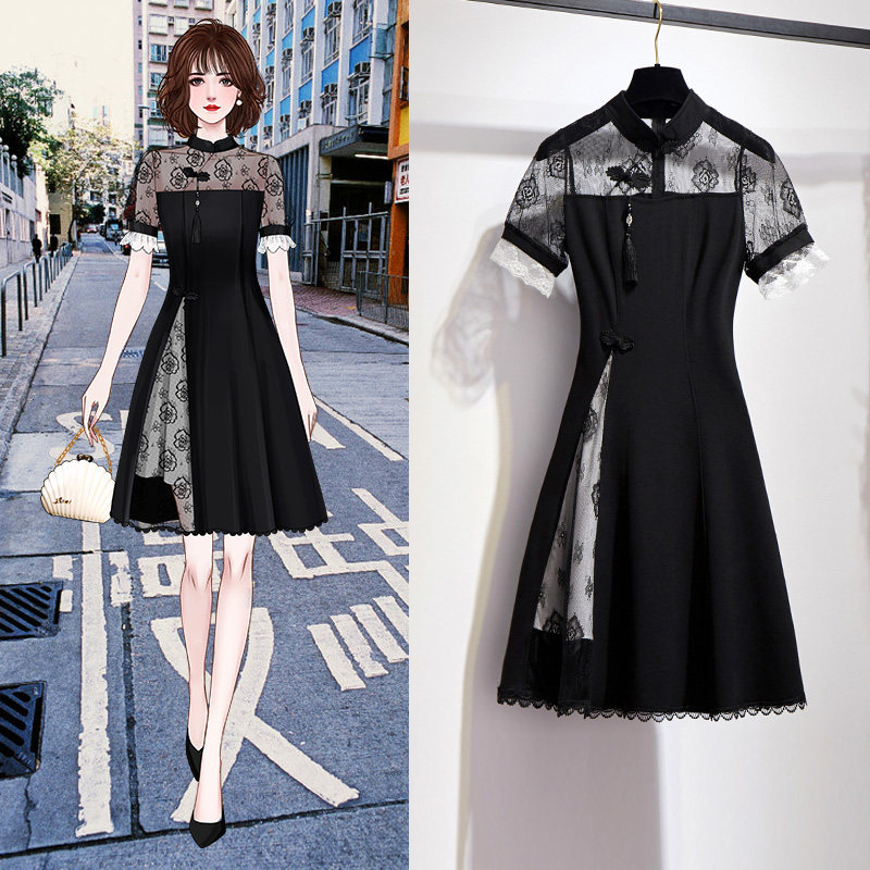 改良版旗袍连衣裙女2020年新款夏季中国风小黑裙蕾丝黑色裙子夏天