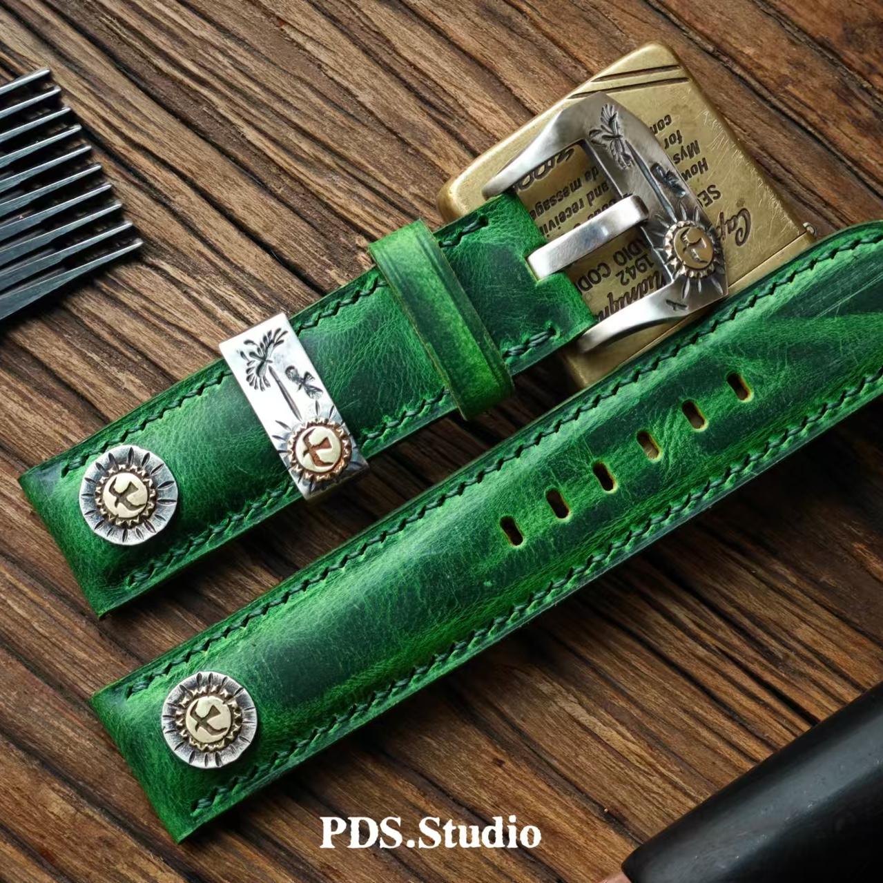 佩大师 手工表带定制kudu羊皮复古绿色美式起鼓订做针扣加长包邮