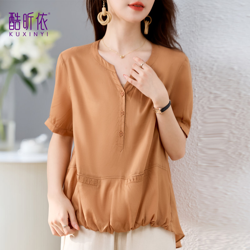 时尚纯色T恤女2026年夏季新款韩版宽松大码中年妈妈薄款套头上衣