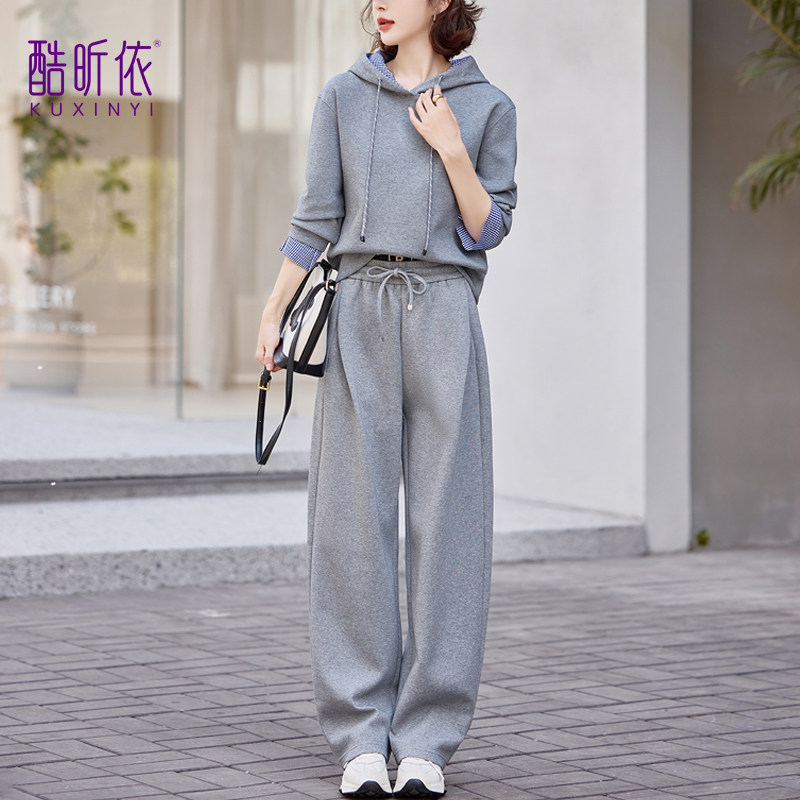 休闲运动两件套女2026年春秋新款宽松大码连帽卫衣卫裤小个子套装