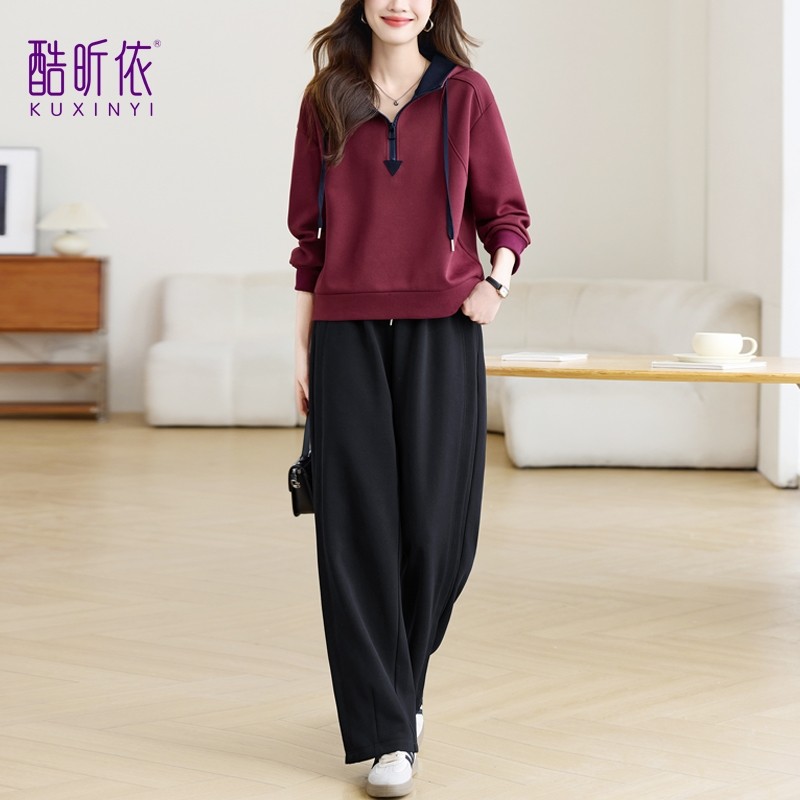 休闲运动套装女2026年春秋新款宽松大码连帽卫衣阔腿裤减龄两件套