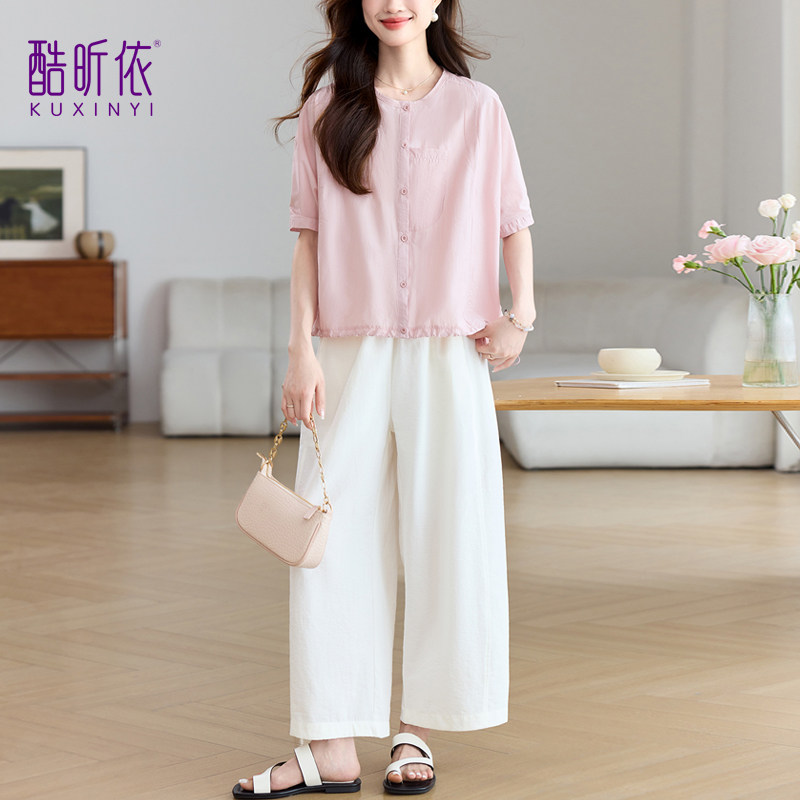 时尚休闲套装女2026年夏季新款宽松洋气减龄薄款衬衫阔腿裤两件套
