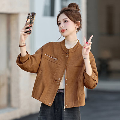 时尚短款立领鹿皮绒外套女