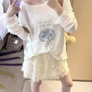 斜肩T恤女长袖 女夏季 美式 设计防晒罩衫 宽松甜辣妹上衣女 新款 薄款