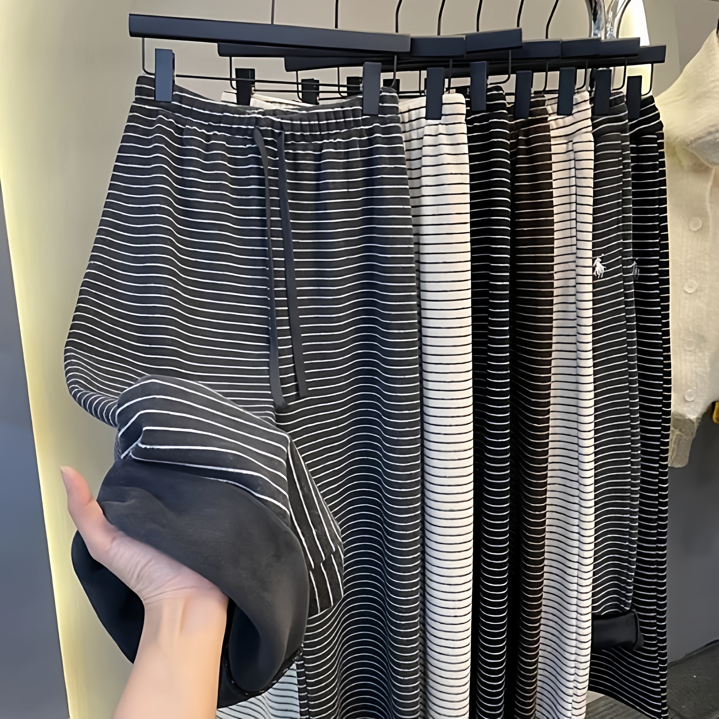 条纹松紧腰抽绳阔腿裤显瘦拖地裤