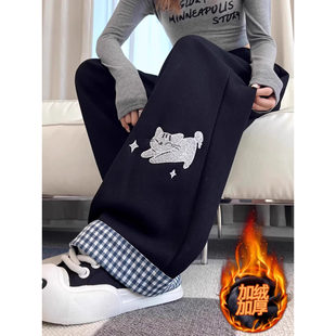 女秋冬高腰显瘦慵懒休闲百搭垂感直筒裤 美式 卡通印花格子翻边卫裤