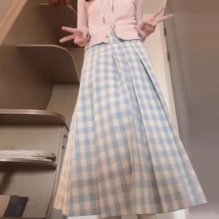 多巴胺甜美纯欲奶油蓝色格子半身裙显瘦百褶裙子女潮 春秋2025新款