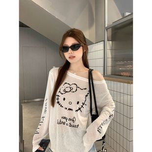 百搭T恤女 美式 甜辣猫咪印花宽松斜肩简约罩衫 2025夏季 设计感薄款