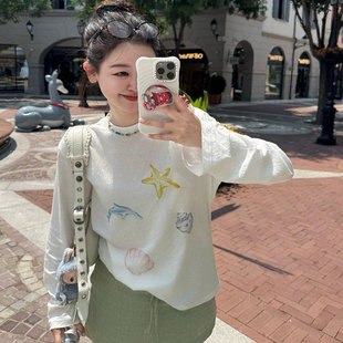 T恤 2025新款 美式 甜酷辣妹海星印花轻薄微透简约罩衫 慵懒宽松长袖