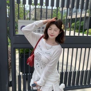 薄款 罩衫 美式 简约长袖 印花上衣潮 T恤女新款 2025宽松慵懒设计夏季