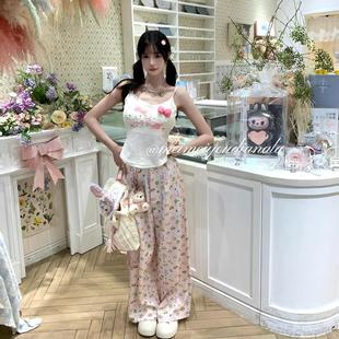 印花吊带上衣穿搭阔腿长裤 纯欲甜美套装 开衫 女夏季 一整套 粉色长袖