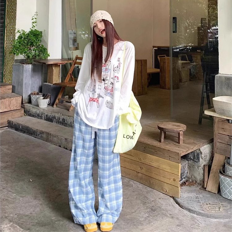 年轻款可爱印花小鹿上衣女夏季2025新款休闲百搭蓝色格子裤套装