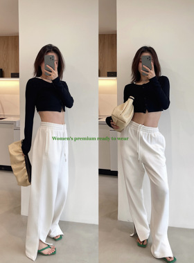remerci 海狸美式复古白色开衩宽松运动感卫裤拖地裤阔腿*