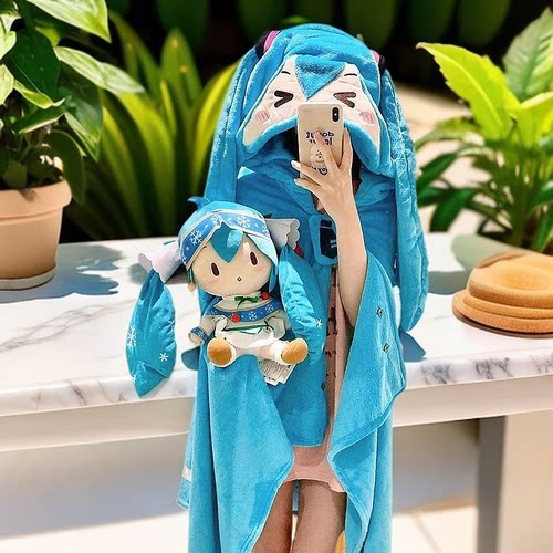 二次元初音保暖脖套连帽披肩四季通用冬季保暖学生U枕德绒围脖毯