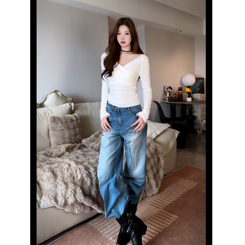 慵懒显瘦蓝色牛仔阔腿裤女修身直筒长裤垂感美式复古风,女装/女士精品,牛仔裤,淘宝优惠券,粉丝福利购,淘宝优惠卷