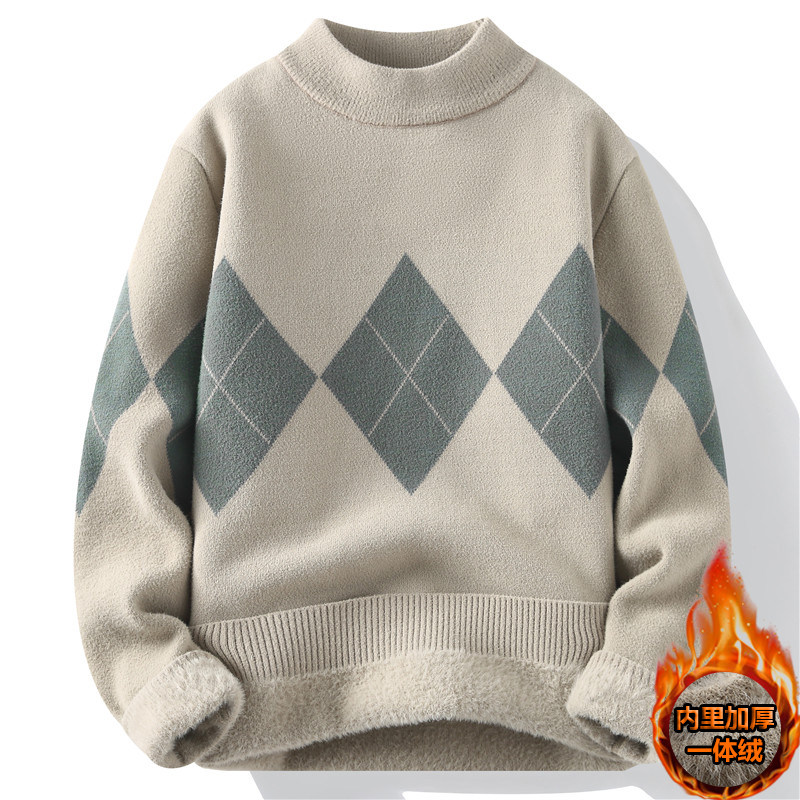 남성용 겨울 올인원 벨벳 스웨터 하프 터틀넥 배색 플러스 벨벳 청소년 및 중학생을 위한 두꺼운 따뜻한 니트 스웨터