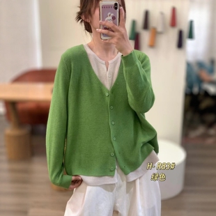 女宽松百搭长袖 绿色V领假两件针织开衫 上衣毛衣 新款 2026春季