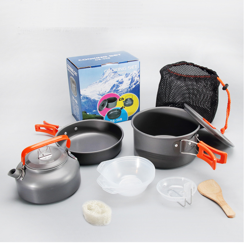 2-3人户外便携野营套锅露营不粘锅煎锅煮锅茶壶组合套装含餐具