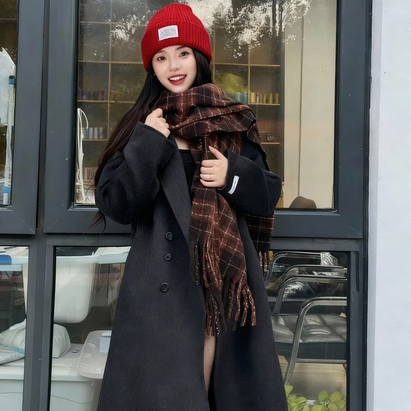 氛围感格子围巾女冬季保暖围脖