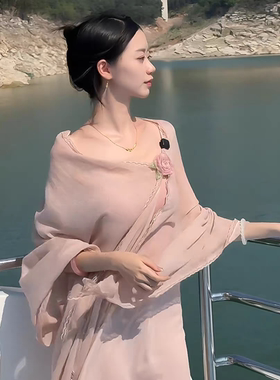 温柔粉色蕾丝围巾女薄款丝巾外搭