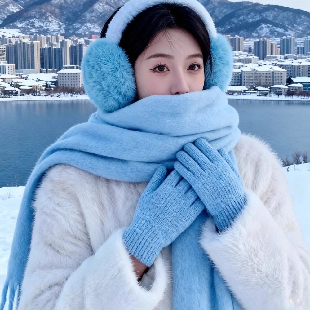 蓝色围巾帽子女冬季保暖加厚围脖男东北长白山穿搭氛围感纯色披肩